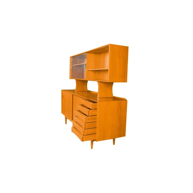 Exceptional Mid Century teak two-piece, rare, floating hutch, reversible sliding door, credenza model OS-29 designed by...