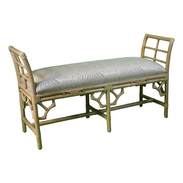 Upholstered Fretwork Rattan Bench For Sale