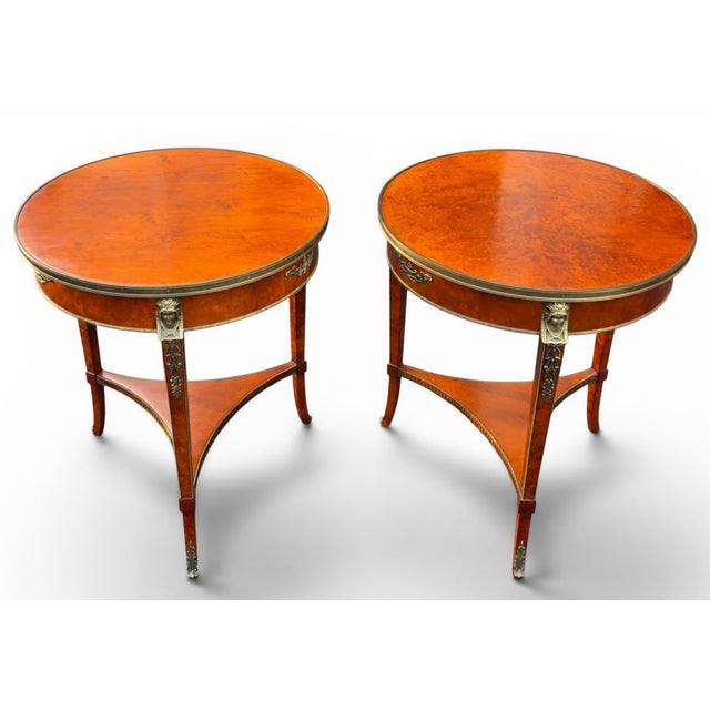 Pair of Mid 20th Century John Widdicomb Neoclassical Figured Burlwood Side Tables With Brass Galleries and Bronze Ram's Head Mounts For Sale - Image 13 of 13