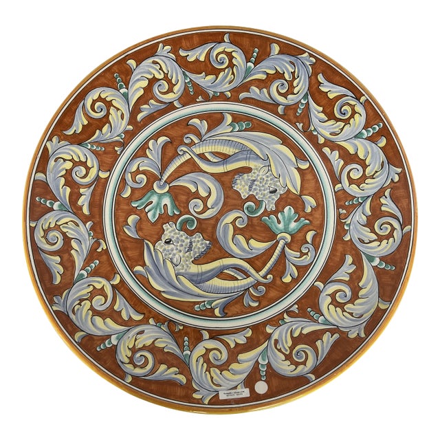 1990s Large Italian Hand Painted Round Ceramic Wall Plate For Sale