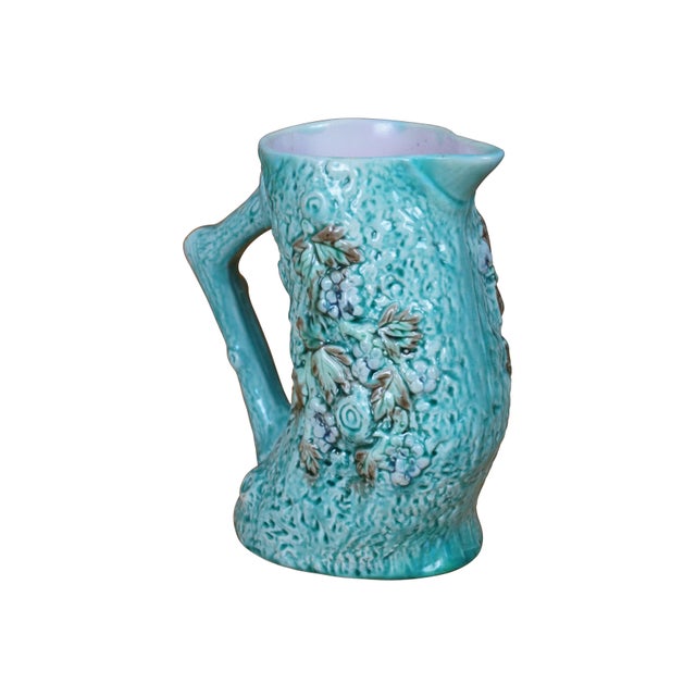 English Antique Majolica Turquoise Adirondak Tree Trunk Log Branch Pitcher Jug For Sale - Image 3 of 11