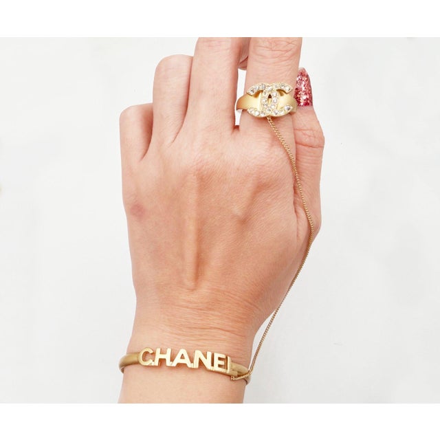 Contemporary Chanel Vintage Gold CC Crystal Ring Chained Letter Cuff Bracelet For Sale - Image 3 of 5