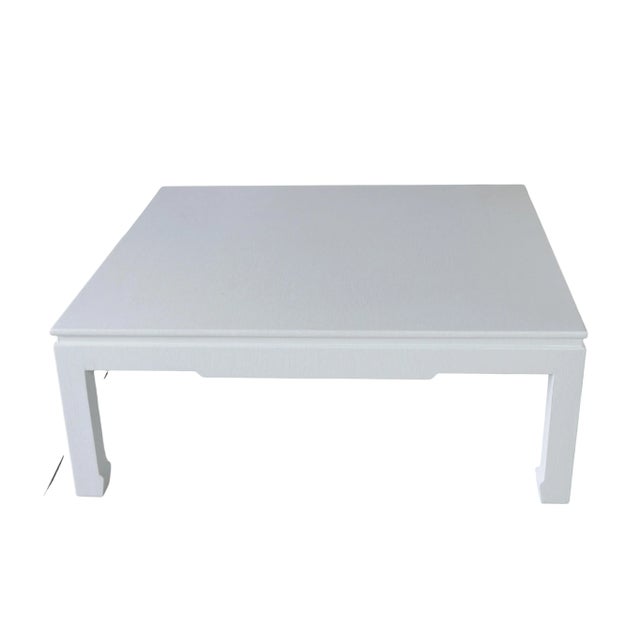 Karl Springer Style White Raffia Coffee Table in Modern Ming Legs For Sale - Image 4 of 9