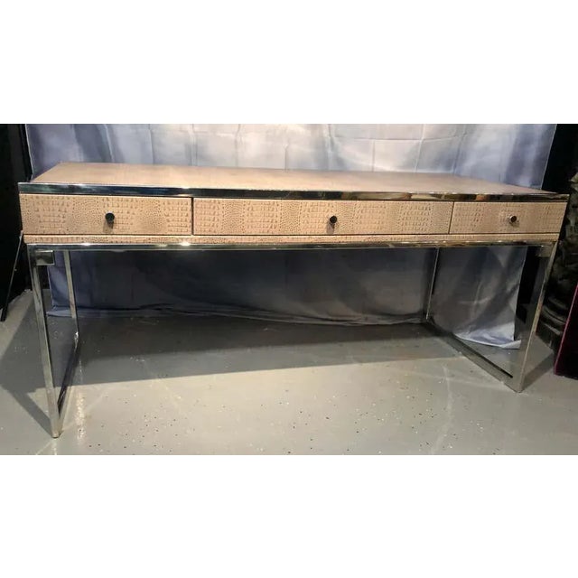 Modern Hollywood Regency Style Desk With Embossed Stitched Leather on a Chrome Frame For Sale - Image 3 of 12