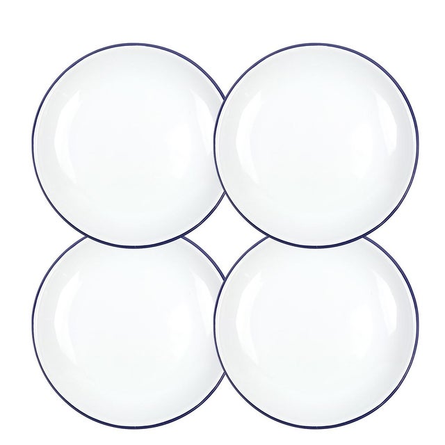 Crow Canyon Home Enamelware, Vintage 8.25" Coupe Salad Plates in White with Blue Rim - Set of 4 For Sale In San Francisco - Image 6 of 6