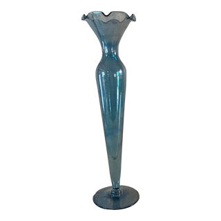 Vintage Slender Blue, GLass Vase With Ruffle Edge For Sale