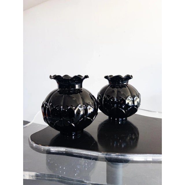 Elegant and rare black glass vases designed by Edvin Ollers for Elme Glasbruk, Sweden, circa 1920/30s. These striking Art...