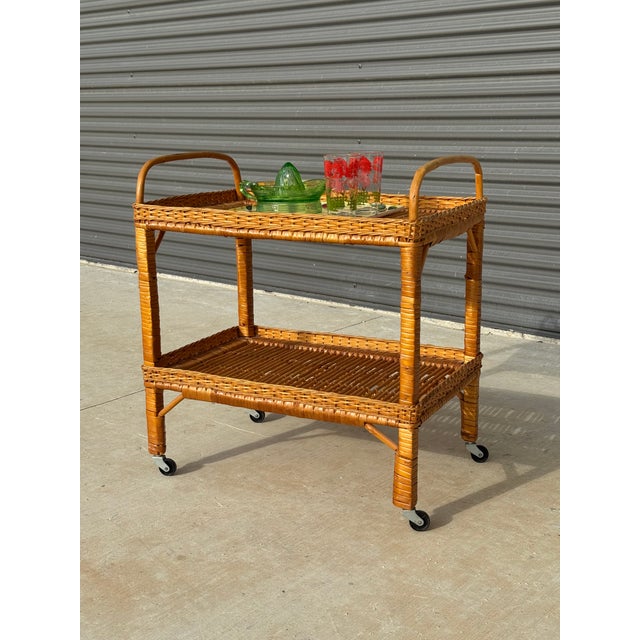 C. 1970s Mid Century Modern Italian Franco Albini Style Rolling Bamboo Bar Cart For Sale - Image 11 of 11