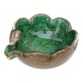 Murano Green Vintage Copper Aventurine Flecks Italian Art Glass Scalloped Rin Decorative Bowl Personal Ashtray For Sale