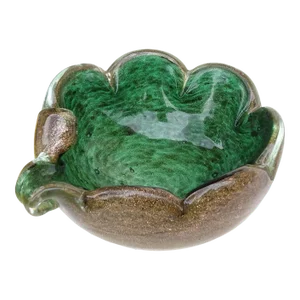 Vintage Murano Green Copper Aventurine Flecks Italian Art Glass Scalloped Rin Decorative Bowl Personal Ashtray