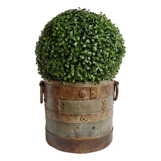 Faux Boxwood in Vintage Iron Bucket For Sale