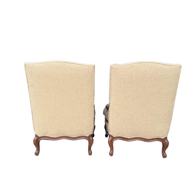 Pair of Vintage Hickory Chair Louis XV Bergère Armchairs – French Provincial Upholstered Accent Chair With Carved Wood Frame For Sale - Image 12 of 16