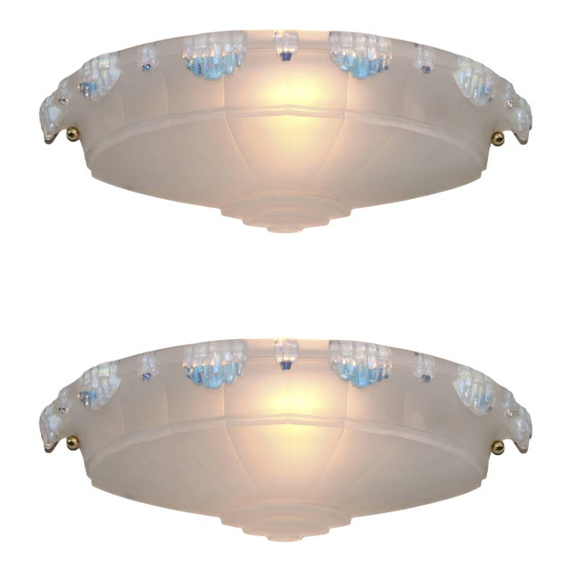 French Art Deco Opalescent Glass Large Art Deco Wall Sconces by Vandamme & Ezan 1930s - A Pair For Sale