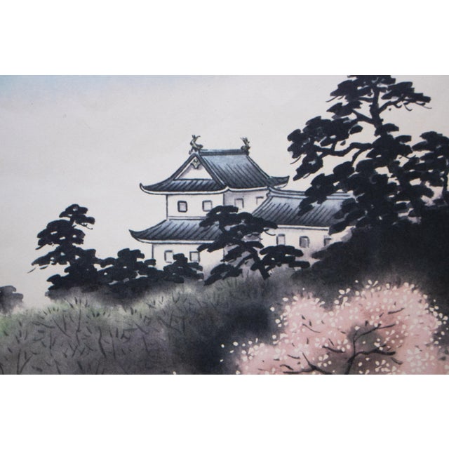 Large Showa Era Japanese Monochrome Print, Landscape With a House and Sakura For Sale - Image 4 of 9