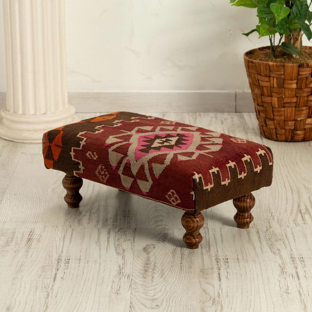 2000 - 2009 Mid-Century Kilim Ottoman With Oak & Hornbeam Frame For Sale - Image 5 of 7