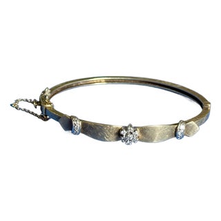 Mid Century 18k Yellow Gold Florentine Finish Diamond and Crescent Bangle Bracelet For Sale
