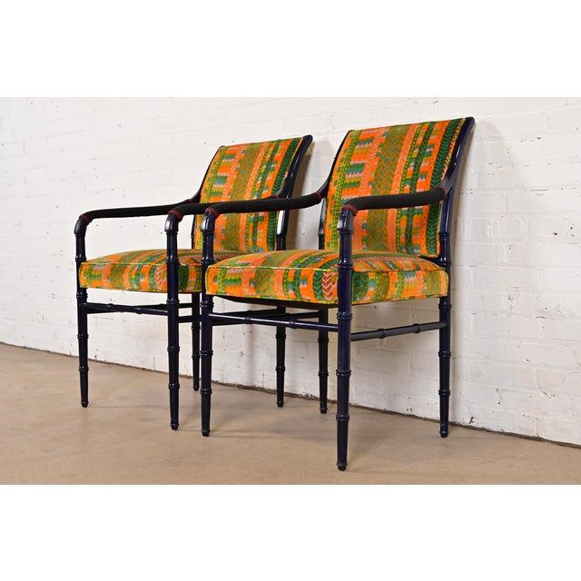 Jack Lenor Larsen Mid-Century Hollywood Regency Ebonized Faux Bamboo Armchairs With Jack Lenor Larsen Upholstery, Pair For Sale - Image 4 of 11
