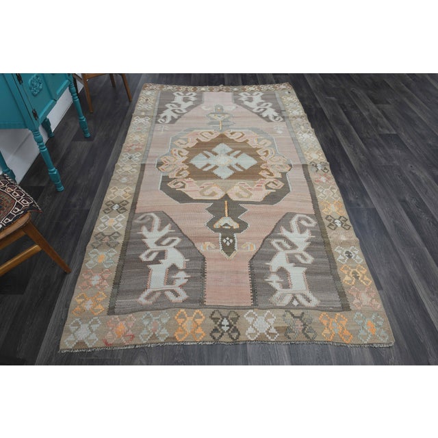 Turkish 1970s Vintage Handmade Wool Cotton Brown Kilim Area Rug For Sale - Image 3 of 11