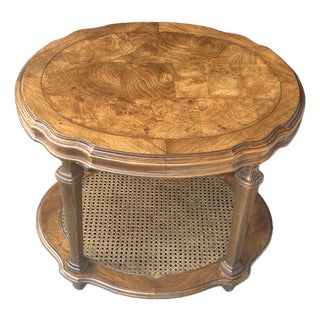 Vintage Ethan Allen Walnut Burl & Cane Oval Side Table – Two-Tier French Regency Accent With Marquetry Top For Sale