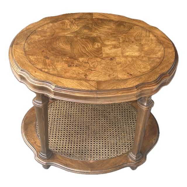 Vintage Ethan Allen Walnut Burl & Cane Oval Side Table – Two-Tier French Regency Accent With Marquetry Top For Sale