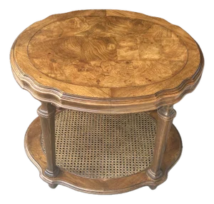 Vintage Ethan Allen Walnut Burl & Cane Oval Side Table – Two-Tier French Regency Accent With Marquetry Top