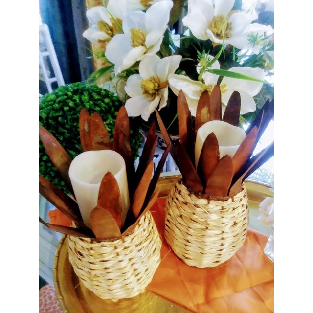 2010s Weaved Wicker Pineapple Pillar Candle Holder Accessories - a Pair For Sale - Image 5 of 6