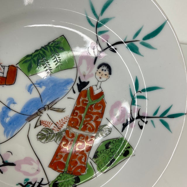Mid-Century Modern Mid 20th Century Japanese Hand-Painted Porcelain Plate – Hinamatsuri Figural Scene – Kutani Style – 9”– Mid Century For Sale - Image 3 of 10