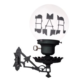 Vintage Milk Glass White Black Bar Glass Globe Lamp Metal Fixture 6" Retro Pub Light For Sale