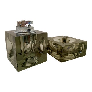 Mid-Century Nesor Smokey Crystal Cube Table Lighter & Ashtray - a Set For Sale