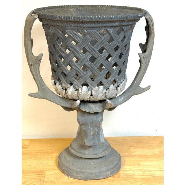 Stone Gray Monumental J.W. Fiske–Attributed Polychromed Lead Stag-Head Reticulated Urn For Sale - Image 8 of 10