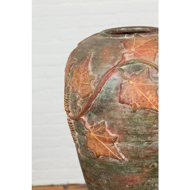 Vintage Thai Garden Vase with Vine Leaves Motifs, Orange and Green Tones For Sale - Image 10 of 13