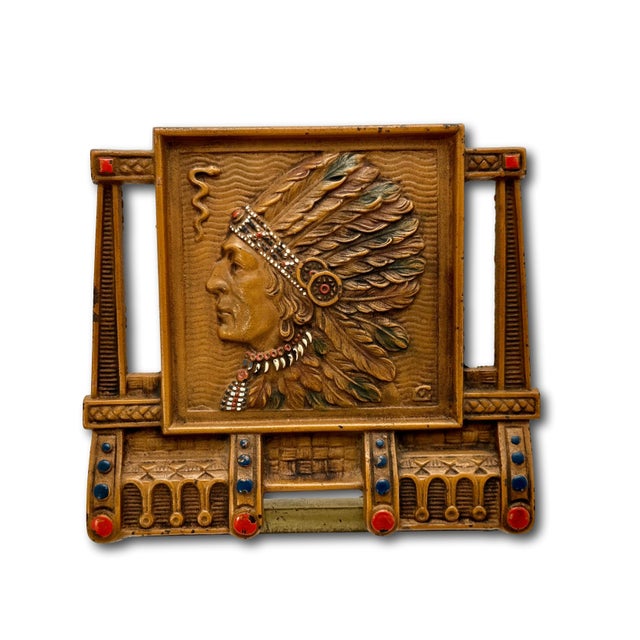 Unusual Antique 1910s Cast Iron American Indian Motif Telescoping Adjustable Size Bookend Rack With Nice Original Paint For Sale - Image 12 of 18
