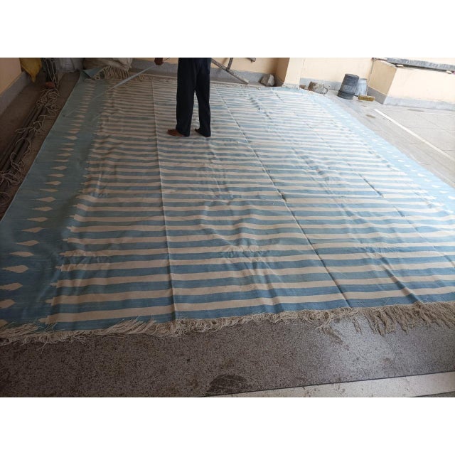 Handwoven Cotton Area Rug Vegetable Dyed Sky Blue and White Striped Dhurrie - 13'x18' For Sale - Image 11 of 12