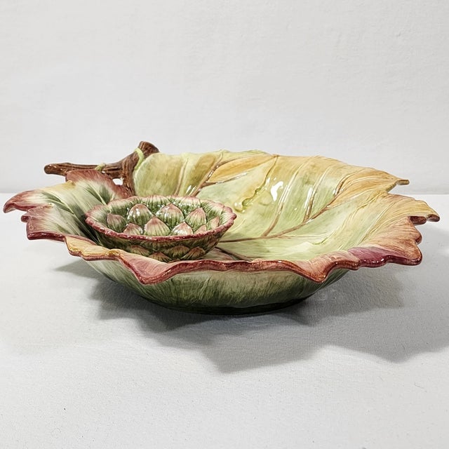 Mid-Century Modern Vintage Fitz and Floyd Majolica Chip Dip Server Artichoke Leaves Venetian Romance Bowl For Sale - Image 3 of 6