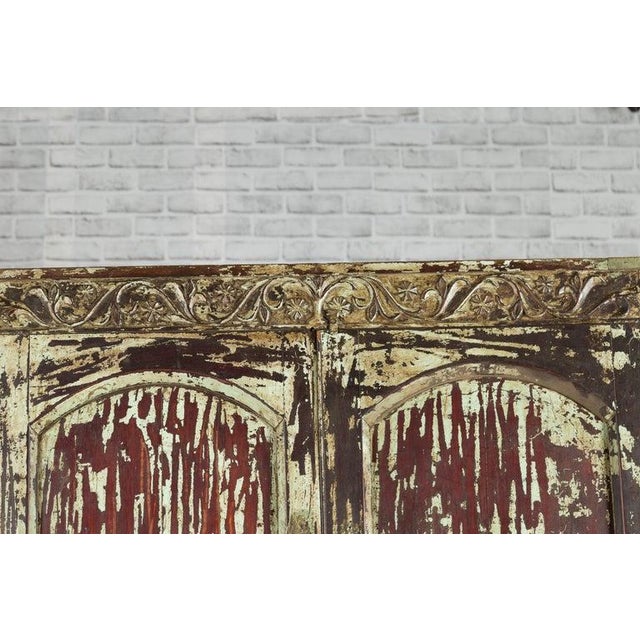 Brown Indian Rustic Painted Wood Cabinet with Carved Foliage & Distressed Patina For Sale - Image 8 of 12