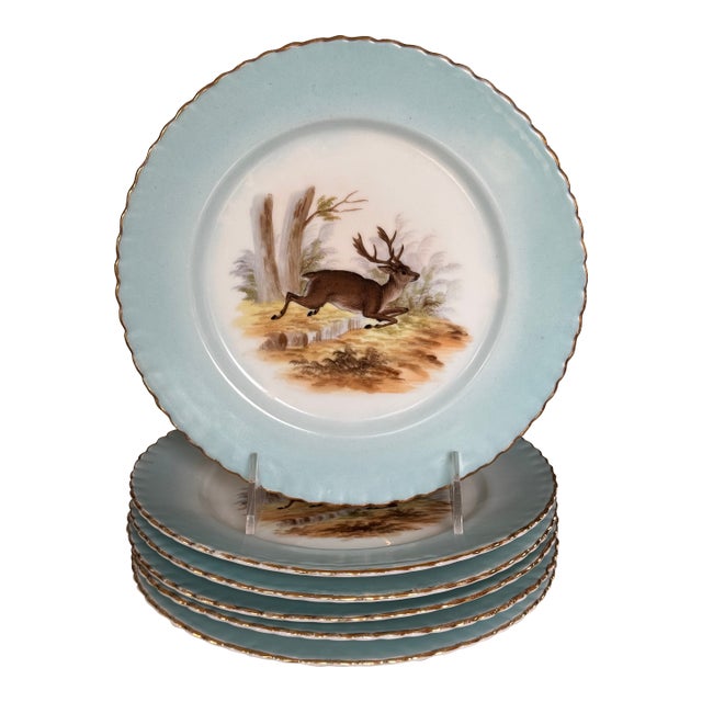 Mid-Century Victoria Pottery Buck Deer Motif Hand Painted Salad Plates - Set of 6 For Sale