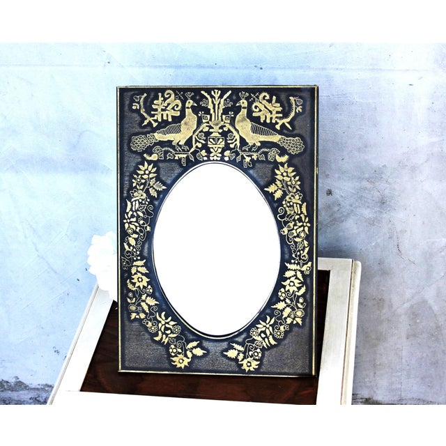 Vintage 20th Century Chinoiserie Peacock Table Mirror in Black and Gold Engraved Metal For Sale - Image 9 of 9