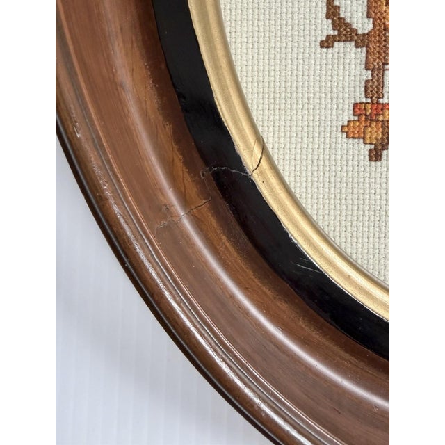 Brown Vintage Needlepoint Girl & Boy In Antique Oval Deep Wood & Gold Frames For Sale - Image 8 of 16