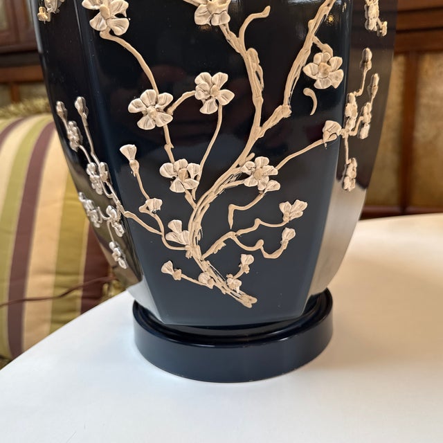 Navy Impasto Table Lamp With Hand Sculpted Floral Relief, Vintage For Sale - Image 11 of 12