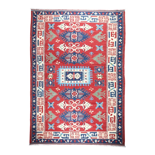 Vintage Oushak Kilim – Handwoven Flatweave With Modern Tribal Motifs -6'9' X 9' 11'' For Sale