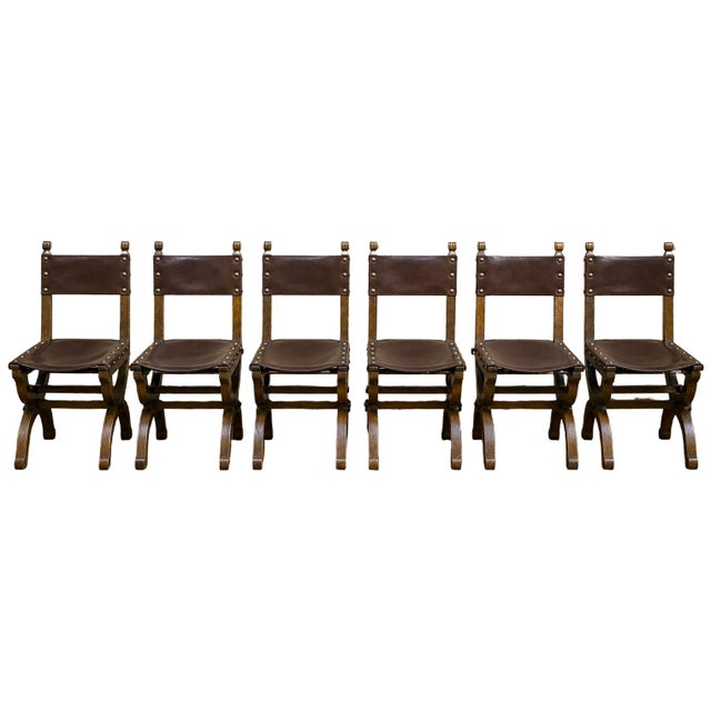 Renaissance Chairs in Oak and Leather, 1920s, Set of 6 For Sale - Image 6 of 6