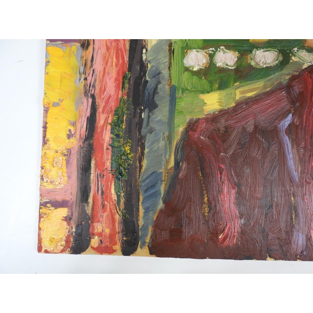 Contemporary oil on wood panel expressionist portrait painting of silver haired man with abstract background by K. C....