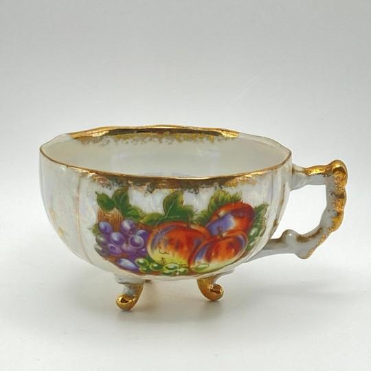Chinoiserie Pair of Kasuga Footed Iridescent Gilded Teacups (Handles, Fruit Design, Lusterware) Vintage For Sale - Image 3 of 16