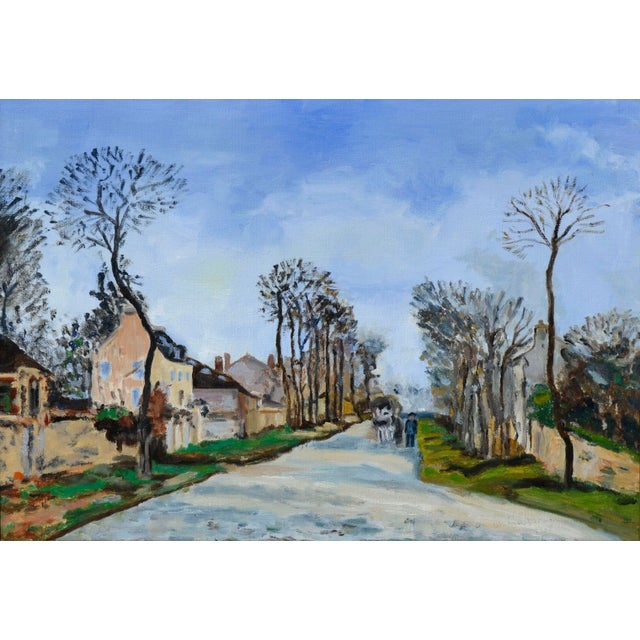 A small figure with a cart travels through a village down a tree lined road in this vintage figurative landscape done in...