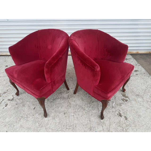 Pair of Red Velvet Vintage Tub Chairs For Sale - Image 12 of 12