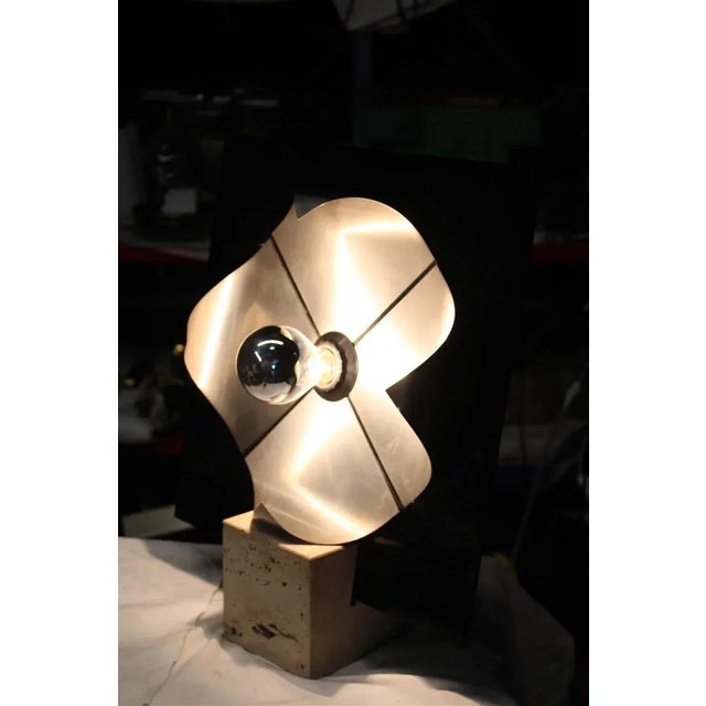 Italian Pop Art Black Acrylic Glass & Steel Curved Base Cube Table Lamp in Travertine Marble from New Lamp Italy, 1970s,...