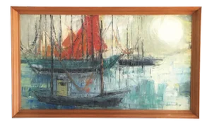 Painting, Marina Boating Scene, 1960s, Belgium