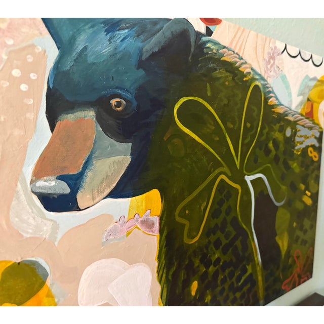 I painted this from a neighbor’s photo of a very large black bear in her yard. I added fun patterns and shapes all around....