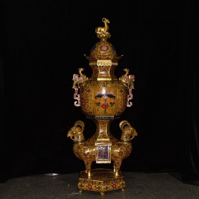 Yellow Pair of Large Vintage Chinese Cloisonne Gilt Bronze Censers, Ram Bases & Phoenix Handles For Sale - Image 8 of 9