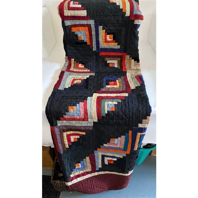 19th Century Wool Log Cabin Quilt From Pennsylvania For Sale - Image 4 of 10